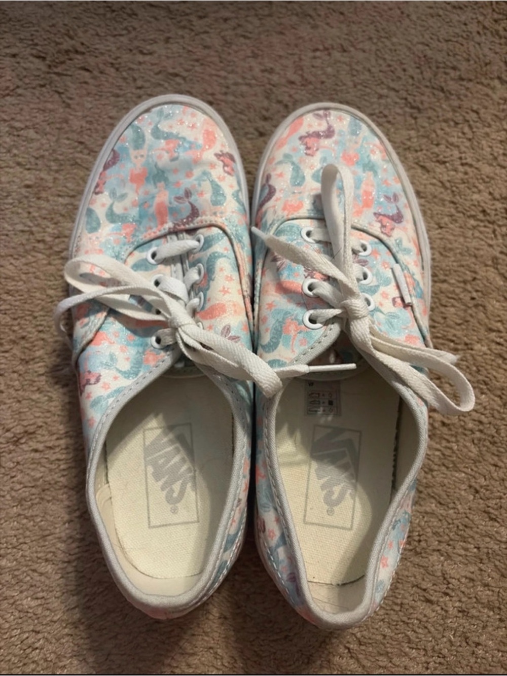 Vans Low Top Sneakers in Pastel Pink, Blue and White Mermaid and glitter print